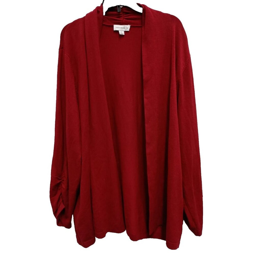 Susan Graver Womens Cardigan Size XL Red Longline Ruched Long Sleeve Open Front